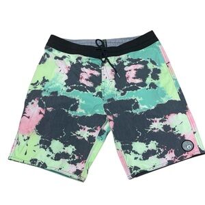Volcom Green and Pink Board Shorts with Artistic Design